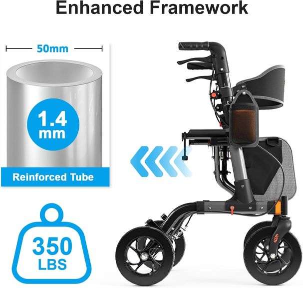 Aojin Rollator Walker for Seniors, Lightweight Foldable All Terrain Rolling Walker with seat, Aluminum Walkers with 8 inch Rubber Wheels, Handles and