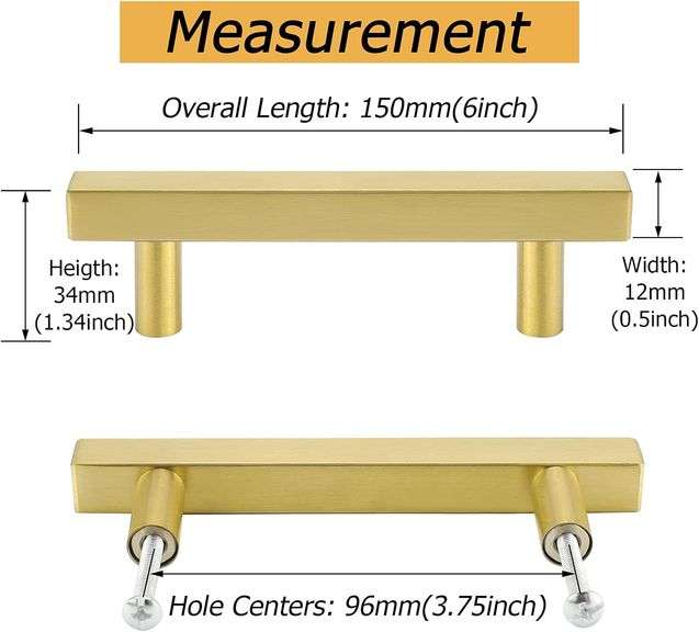 goldenwarm 45 Pack Gold Cabinet Handles Kitchen Hardware Drawer Pulls Brushed Brass Cabinet Door Handles 3-3/4 Inch Hole Centers T Bar Square Bathroom