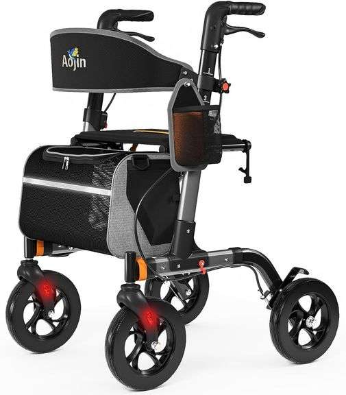 Aojin Rollator Walker for Seniors, Lightweight Foldable All Terrain Rolling Walker with seat, Aluminum Walkers with 8 inch Rubber Wheels, Handles and
