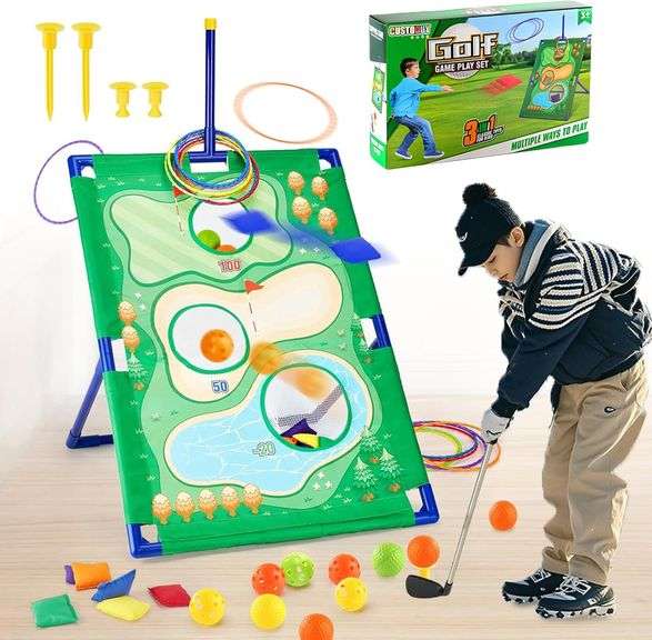 3-in-1 Toddler Golf Set, Bean Bag Toss, and Ring Toss Game Indoor & Outdoor Sports Backyard Cornhole Game Playset, Perfect Carnival, Birthday Party, o