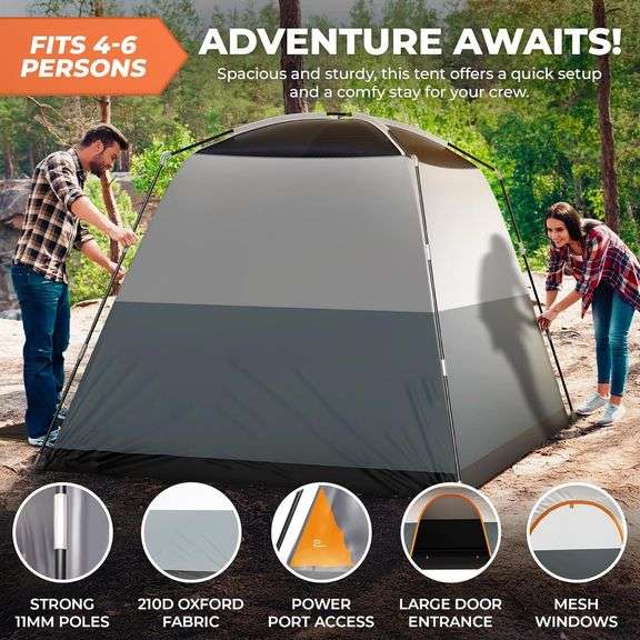 ArkTrek 6 Person Tents for Camping - Robust Family Camping Tent Cabin w Ground Sheet, Rainfly Cover, Powerport - Comfy Large Quick Setup Tent, Waterpr