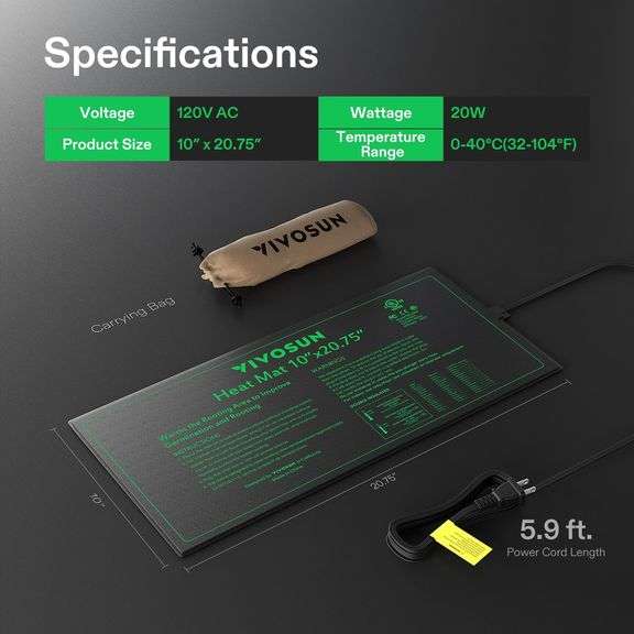 VIVOSUN Durable Waterproof Seedling Heat Mat 10" x 20.75" UL & MET-Certified Warm Hydroponic Heating Pad for Germination, Indoor Gardening, Greenhouse