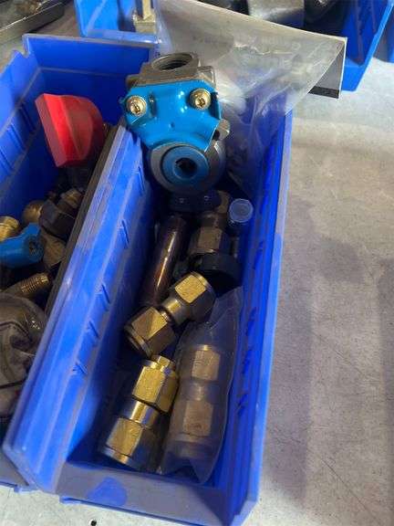 2 Bins of Assorted Brass fittings and Valves