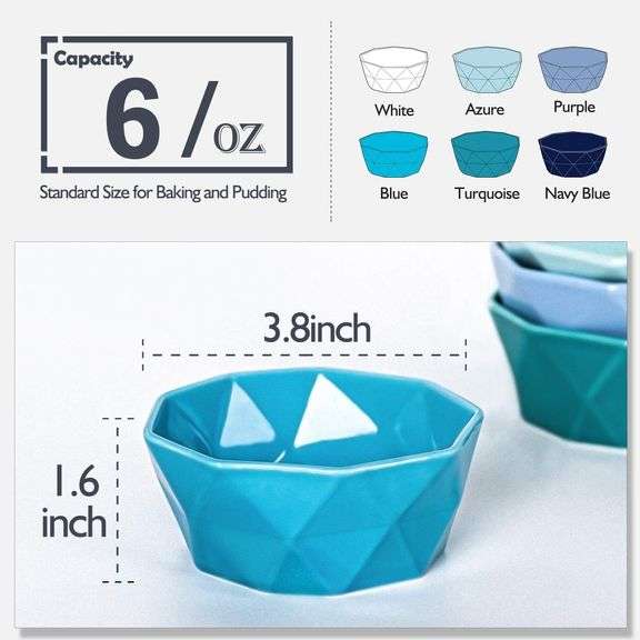 Delling 6 OZ Souffle Dishes Set - Ceramic Color Souffle Dish - Dessert/Snack Bowls for Kitchen, Souffle, Pudding, Creme Brulee, Ice Cream, Snack - Bow