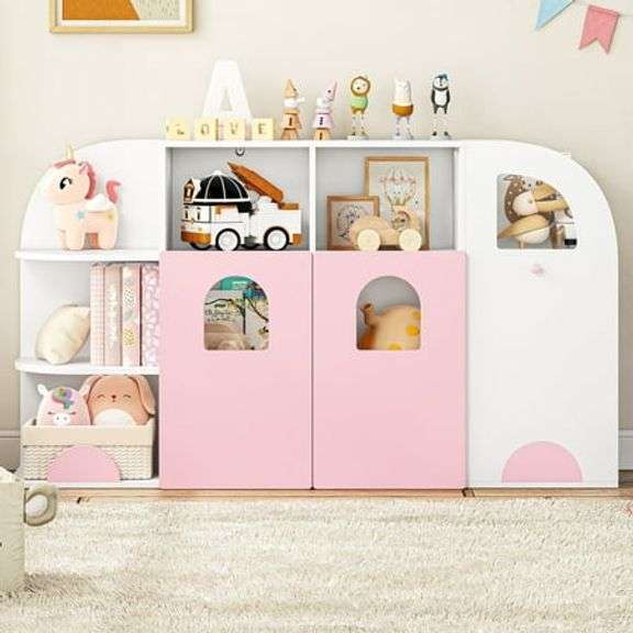 Homfa Multifunctional Kid Bookcases, Toy Chest Storage Bookcase for Girls Bedroom Playroom, White/Pink