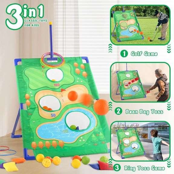 3-in-1 Toddler Golf Set, Bean Bag Toss, and Ring Toss Game Indoor & Outdoor Sports Backyard Cornhole Game Playset, Perfect Carnival, Birthday Party, o