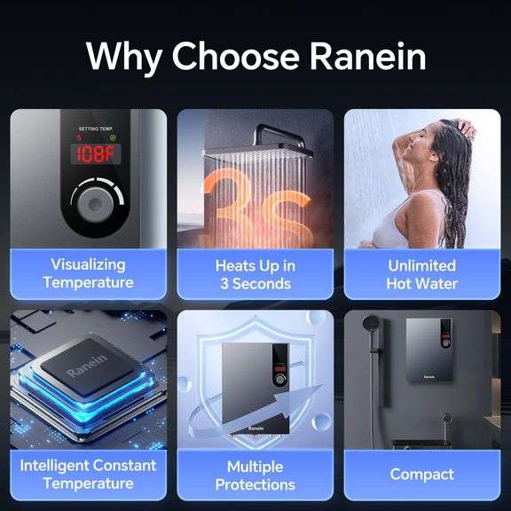 Electric Tankless Water Heater, 18kW 240V on Demand Instant Endless Water Heater with LED Temperature Display for Residential Whole House Shower, Spac