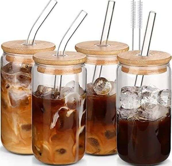Iced Coffee Cups,Glass Cups with Lids and Straws 4 pcs,Smoothie Cups,16 ...