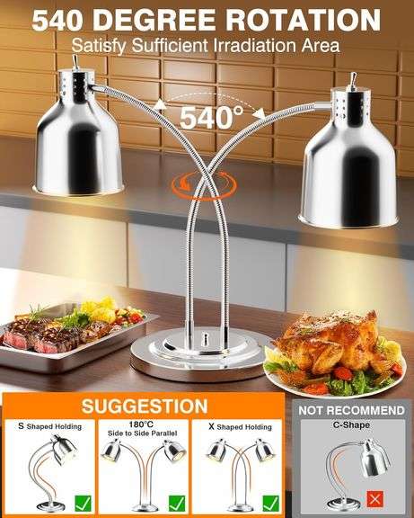 PYY Commercial Food Warmer - 2-Head Electric Heating Lamp, 500W Stainless Steel Catering Food Warming Lamp for Restaurant Kitchen, Cafeteria