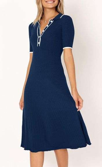 MITILLY Women's 2024 Summer Short Sleeve Sweater Dress Button V Neck Ribbed Knit A Line Casual Midi Dresses size medium