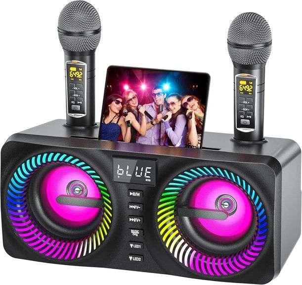 Karaoke Machine for Adults Kids with 2 Wireless Microphones, Portable Bluetooth Speaker with 9 Modes Dynamic LED Lights, Karaoke Speaker with PA Syste