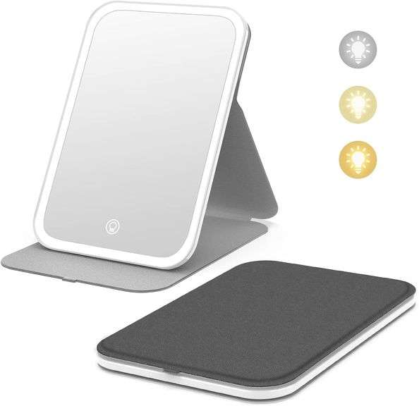 Kintion Travel Makeup Mirror, 8"*5.4"Portable LED Lighted Makeup Mirror, 360 Rotation Touch Screen Vanity Mirror, 3-Color Dimmable Lighting, Rechargea