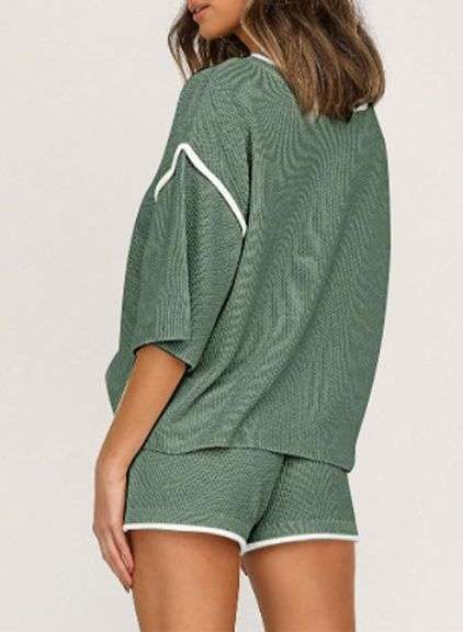 SHEWIN Womens Two Piece Outfits Casual Short Sleeve Knit Sweater Tops Matching Shorts Tracksuit Lounge Sets size large