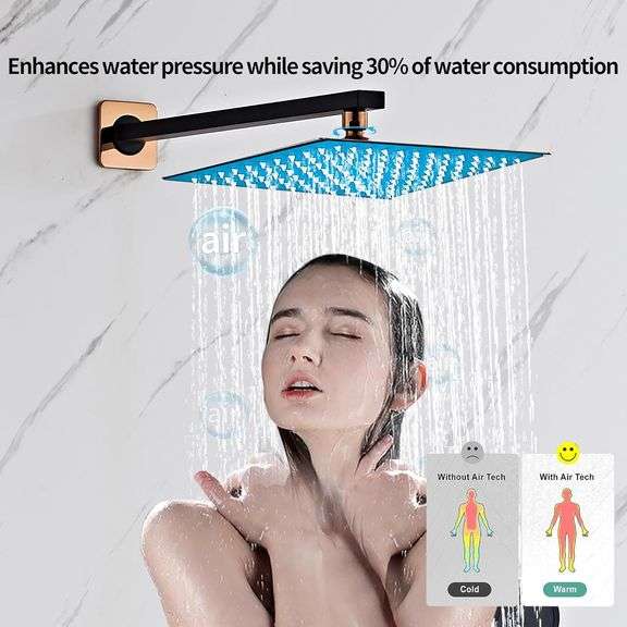 RTTWYYUU Black Gold Rainfall Shower Head, Wall Mounted 10 Inch Shower Heads with Handheld Spray Combo, Luxury Bathroom Square Rain Shower System, Soli