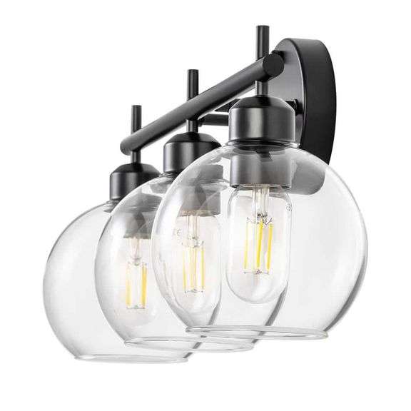 20.08 in. 3-Light Matte Black Modern/Contemporary Globe Glass Shade Bathroom Vanity Light