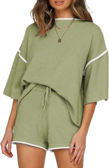 SHEWIN Womens Two Piece Outfits Casual Short Sleeve Knit Sweater Tops Matching Shorts Tracksuit Lounge Sets size 2xl