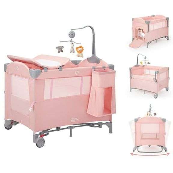 HARPPA 5 in 1 Portable Playard and Bassinet for Girl from Newborn to Toddler, Easy Folding, Pink