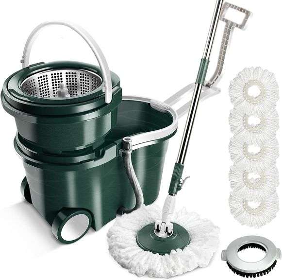 MASTERTOP Spin Mop Bucket with Wringer Set, Floor Mop with 2 Wheel Easy Move, Stainless Steel Adjustable Handle, 5 Microfiber Replacement Head Refills