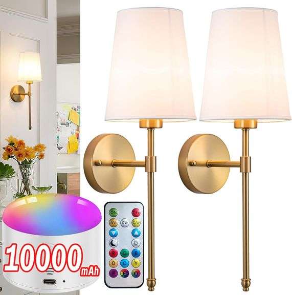 Battery Operated Wall Sconce Light with Remote Control, Dimmable Set of 2 White Fabric Shade, Indoor Wireless Lamp For Bedroom Living Room, Bulb Inclu