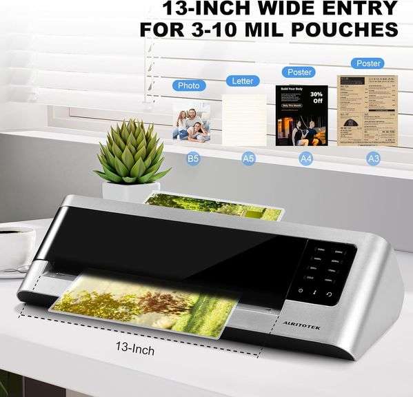 13 Inch Wide Laminator Machine for 3 to 10 Mil Pouches, 800W 4-Roller Commercial and Home Laminating Machine with 30 Pcs 3Mil and 20 Pcs 10Mil Laminat