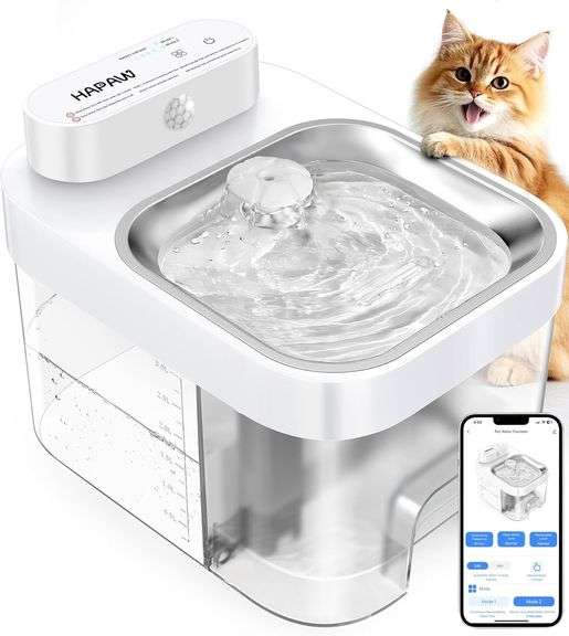 HAPAW Cat Water Fountain, App Monitoring Separated Clean & Waste Water Wireless Smart Pet Water Fountain, 5000mAh Battery & Plug-in Automatic Water Di