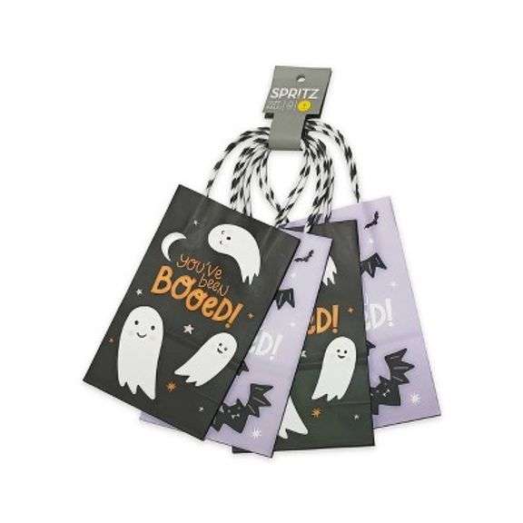 (4) 4pk Halloween Black/Purple Boo Tote Bag - Spritz : Ghost Pattern, Multicolor Paper Gift Bags, 8.375" Height, 5.25" Width
