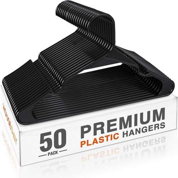 HOUSE DAY Black Plastic Hangers 50 Pack - Adult Clothes Hangers - T-Shirt, Dress, Coat Hangers & Accessories - Heavy Duty Hangers - Notched Hangers, D