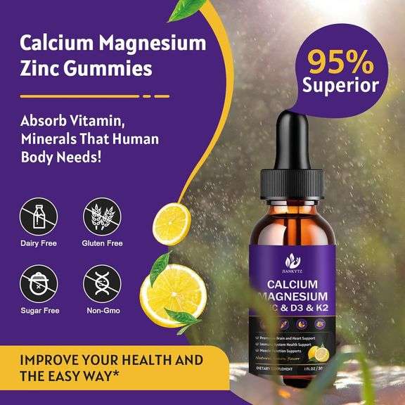 Calcium Magnesium Zinc 1300mg with Magnesium Glycinate, Vitamin C D3 K2 B6 and Sea Moss | Calcium Supplement Calcium with Vitamin D3 K2 Liquid Drop |