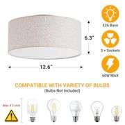 12.6" Modern Close to Ceiling Light with Linen Fabric Drum Shade,3-Light Semi Flush Mount Ceiling Light Fixture,Drum Light Fixtures Ceiling Mount for