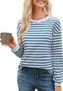 PopReal Womens Striped T Shirts Fall Long Sleeve Crew Neck Loose Fit Tops Casual 2024 Trendy size xxl