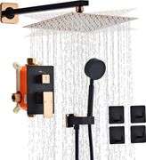 RTTWYYUU Black Gold Rainfall Shower Head, Wall Mounted 10 Inch Shower Heads with Handheld Spray Combo, Luxury Bathroom Square Rain Shower System, Soli