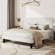 Amolife Full Size Upholstered Platform Bed Frame with Adjustable Velvet Headboard, Off-White