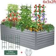 AMOBRO 6x3x2ft Outdoor Metal Raised Garden Bed Planter Box for Vegetables, Flowers, Herbs w/ 3 Tomato Cages Silver