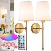 Battery Operated Wall Sconce Light with Remote Control, Dimmable Set of 2 White Fabric Shade, Indoor Wireless Lamp For Bedroom Living Room, Bulb Inclu