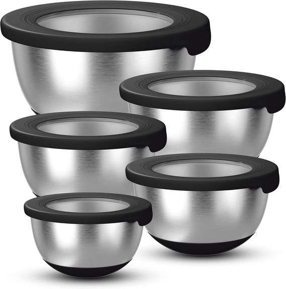 KITEISCAT Stainless Steel Mixing Bowls with Lids Set of 5 Large Nesting Metal Bowls for Kitchen, Baking, Cooking, Food Prep & Storage, Non-Slip Base,