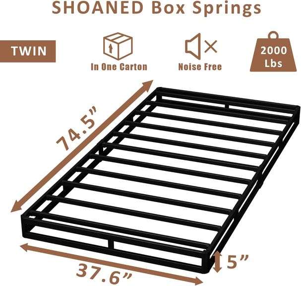 SHOANED Twin Size Box Springs - 5 Inch Low Profile Mattress Foundation No Noise Heavy Duty Metal Basics Bed Base with Clean Fabric Cover, Easy Assembl
