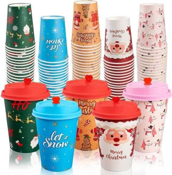 CUPLOOV 100 Pack Christmas Hot Coffee Cups with 50Pcs Lids, Xmas 12 Oz To Go Coffee Cups Hot Chocolate Cups, Christmas Disposable Paper Cups for Hot C