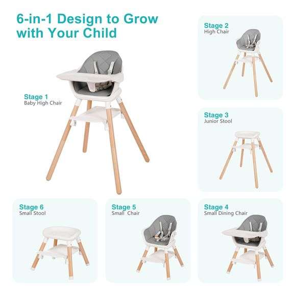 Baby High Chair, 6 in 1 Wooden Convertible High Chairs for Babies and Toddlers, Booster Seat with Double Tray & Reversible Footrest Baby Highchair, 5-