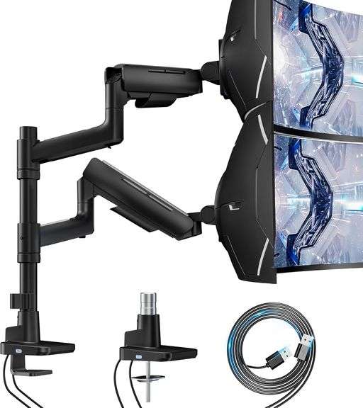 ARES WING Vertical Dual Monitor Mount for 17-49 Inch Ultrawide Heavy Duty Curved Screen Stacking, Computer Monitor Arm Desk Mount with USB, Gas Spring