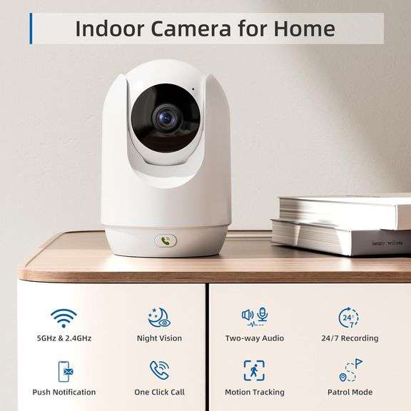 Security Camera Indoor, 5G WiFi Cameras for Home Security, Pet/Baby Camera with Phone App, Plug-in, One-Click Call, Motion Tracking, Patrol, Pan/Tilt,
