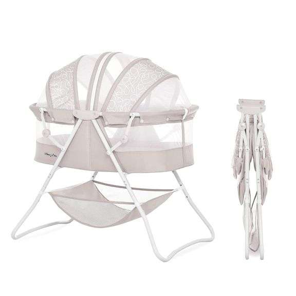 Dream On Me Karley Bassinet in Cool Grey, Lightweight Portable Baby Bassinet, Quick Fold and Easy to Carry , Adjustable Double Canopy, Indoor and Outd