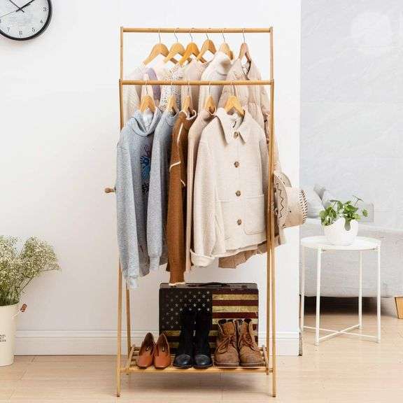 COPREE Bamboo Garment Coat Clothes Hanging Heavy Duty Rack Foldable Space Saving Stand with 2 Top Rod and Lower Shoe Clothing Storage Organizer Shelve