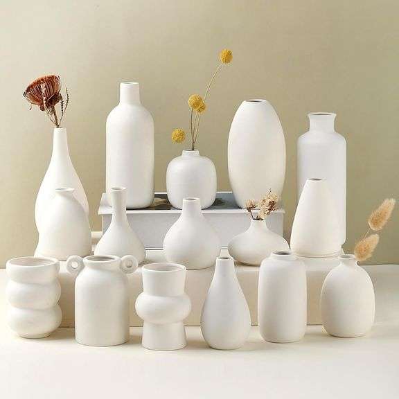 Parlamain Set of 16 White Ceramic Bud Vases for Flowers, Minimalist Small Pampas Grass Vases for Farmhouse Boho Decor, Decorative Vases for Centerpiec