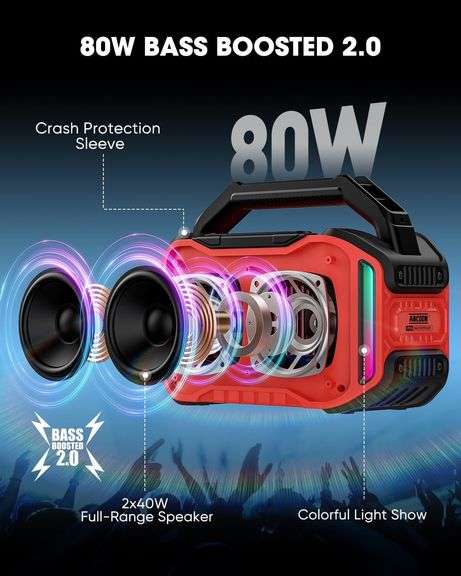 Speakers Bluetooth Wireless: 80W(Peak) Loud Speaker with Bass, 20H Playtime, IPX6 Waterproof, Large Jobsite Speakers for Work, Outdoor, Workshop, Gara
