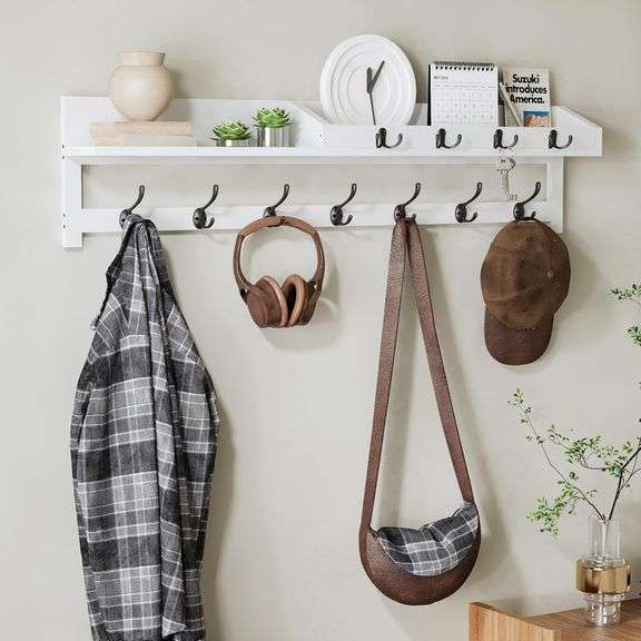 AMBIRD 35 inch Coat Rack Wall Mount, Extra Long Coat Hooks Wall Mount, Entryway Shelf with 7 Dual Coat Hooks 4 Key Hooks Mail Organizer, Wooden Wall C