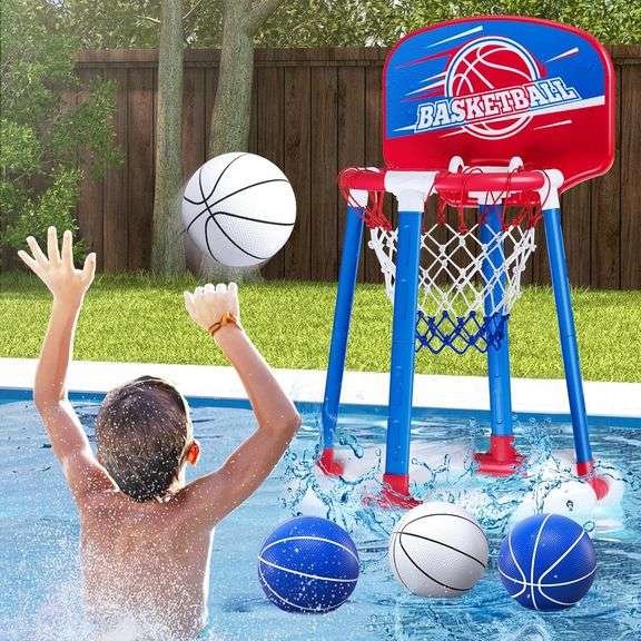 Pool Basketball Hoop Poolside with Backboard, Floating Pool Toys with 4 Basketballs/4 Water Balloons/Pump, Swimming Pool Games for Kids & Adults Indoo