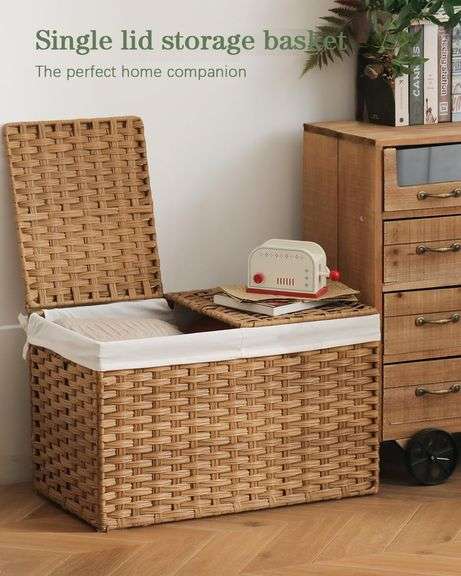 SETVSON Storage Basket with Lid Rattan Woven Storage Baskets with 2 Separate Lids, 17.2 Gallon (65 L), 22 x 13 x 13.8 Inches,Foldable, 2 Removable Lin