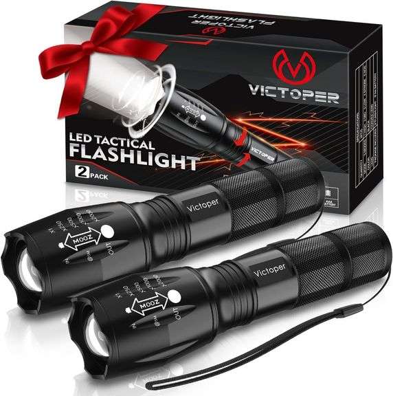 Victoper LED Flashlight 2 Pack, Bright 2000 Lumens Tactical Flashlights High Lumens with 5 Modes, Waterproof Focus Zoomable Flash Light, Portable Flas