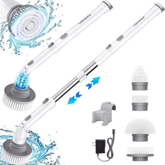 Electric Spin Scrubber, Cordless Cleaning Brush with Adjustable Extension Arm 4 Replaceable Cleaning Heads, Power Shower Scrubber for Bathroom, Tub, T