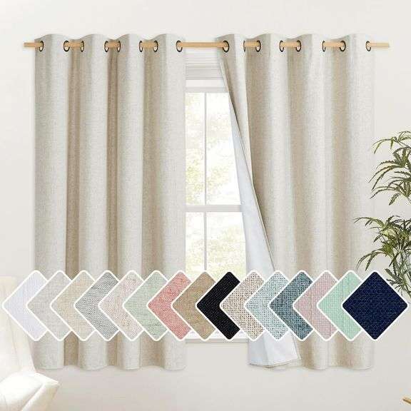 NICETOWN Short Blackout Curtains 63 Inches Long Burlap Linen Drapes with Thermal Insulated White Liner, Keeping Out Cold and Heat Air Bedroom Soundpro